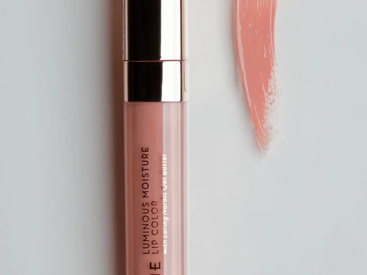 Pink lip gloss tube beside a peach-pink colour swatch; illustrative stock photo