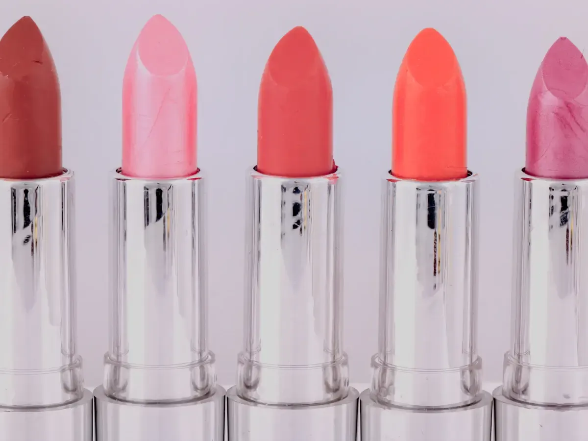 Five bare lipstick bullets in bold pink, red, and orange shades lined up in silver cases, an illustrative stock photo and not an actual photo of Marc Jacobs Beauty products
