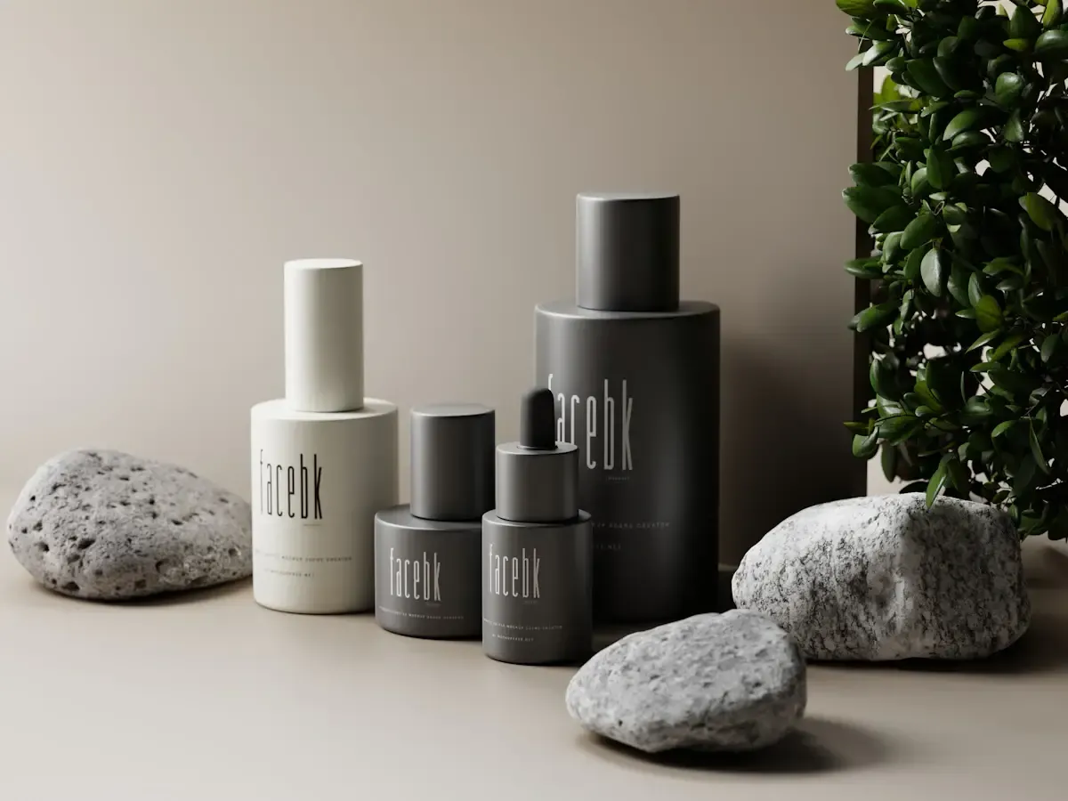 Illustrative photo of minimalist skincare bottle mockups on a neutral backdrop, not an actual photo of Rhode or Sephora products